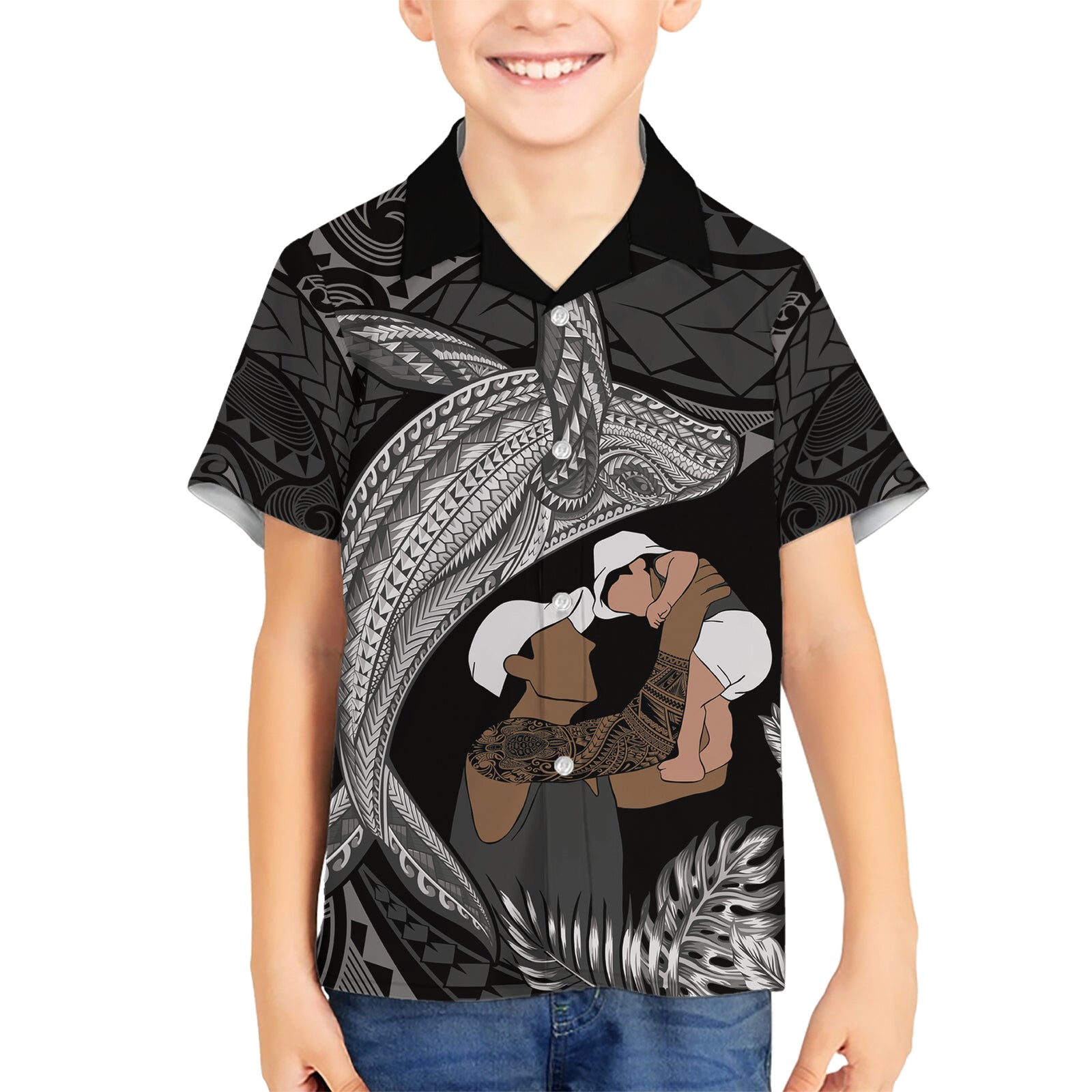 Father's Day Polynesian Pattern Kid Hawaiian Shirt Tropical Humpback Whale - Black LT7 Kid Black - Polynesian Pride