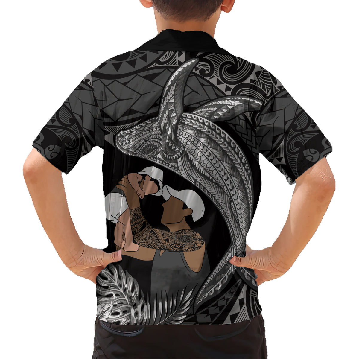 Father's Day Polynesian Pattern Kid Hawaiian Shirt Tropical Humpback Whale - Black LT7 - Polynesian Pride