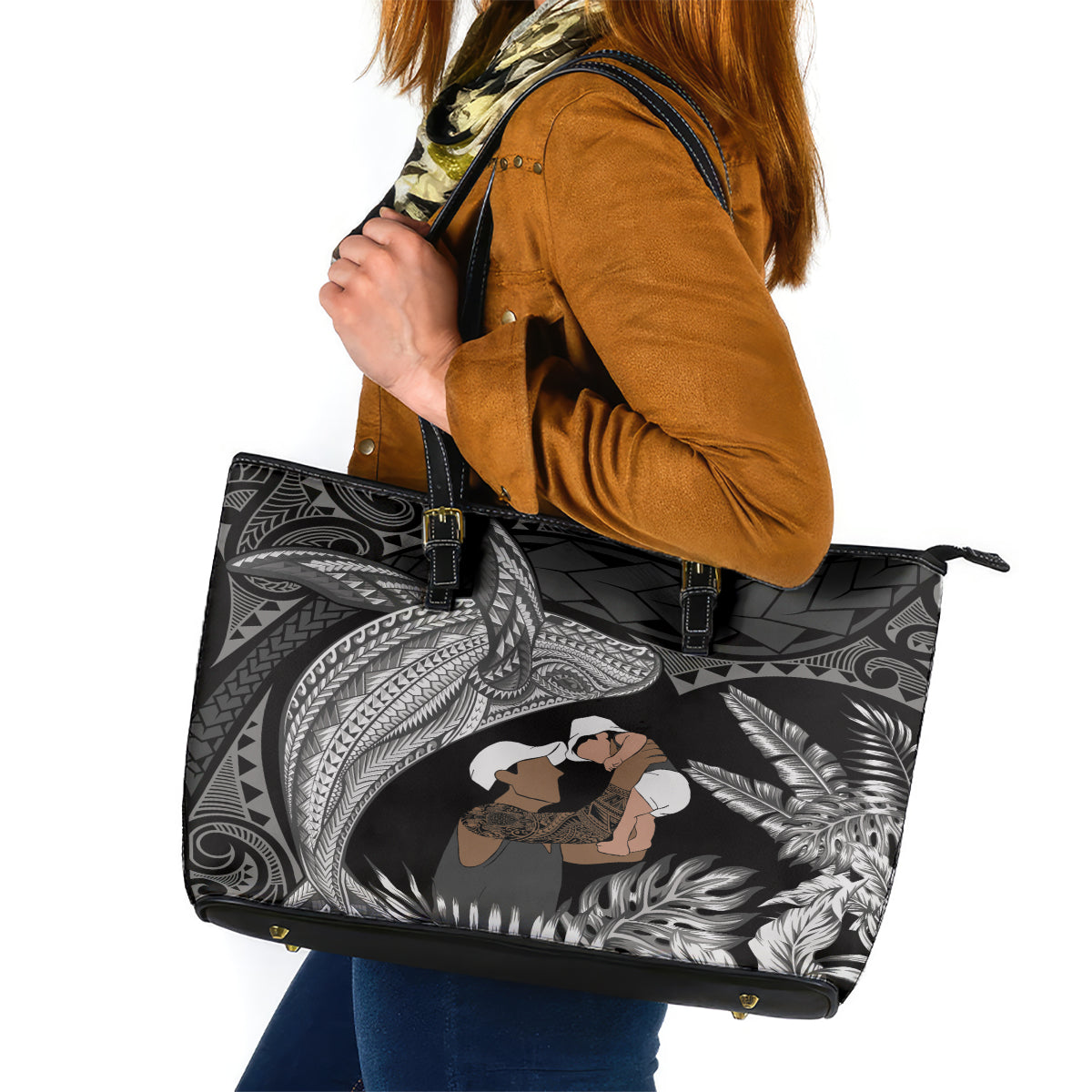 Father's Day Polynesian Pattern Leather Tote Bag Tropical Humpback Whale - Black LT7 Black - Polynesian Pride