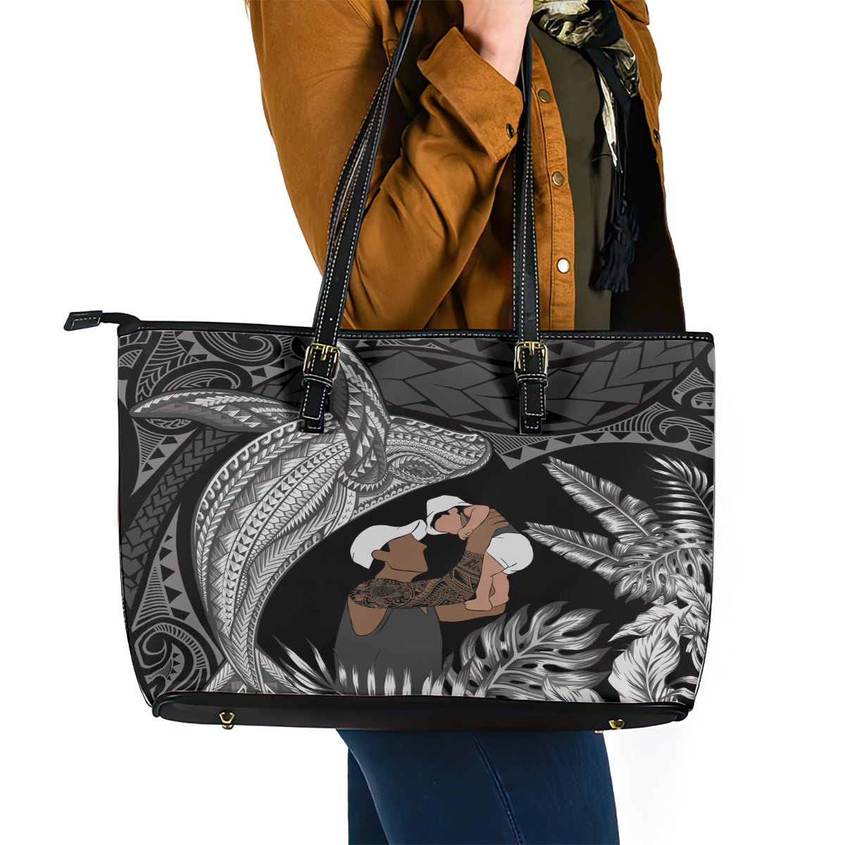 Father's Day Polynesian Pattern Leather Tote Bag Tropical Humpback Whale - Black LT7 - Polynesian Pride