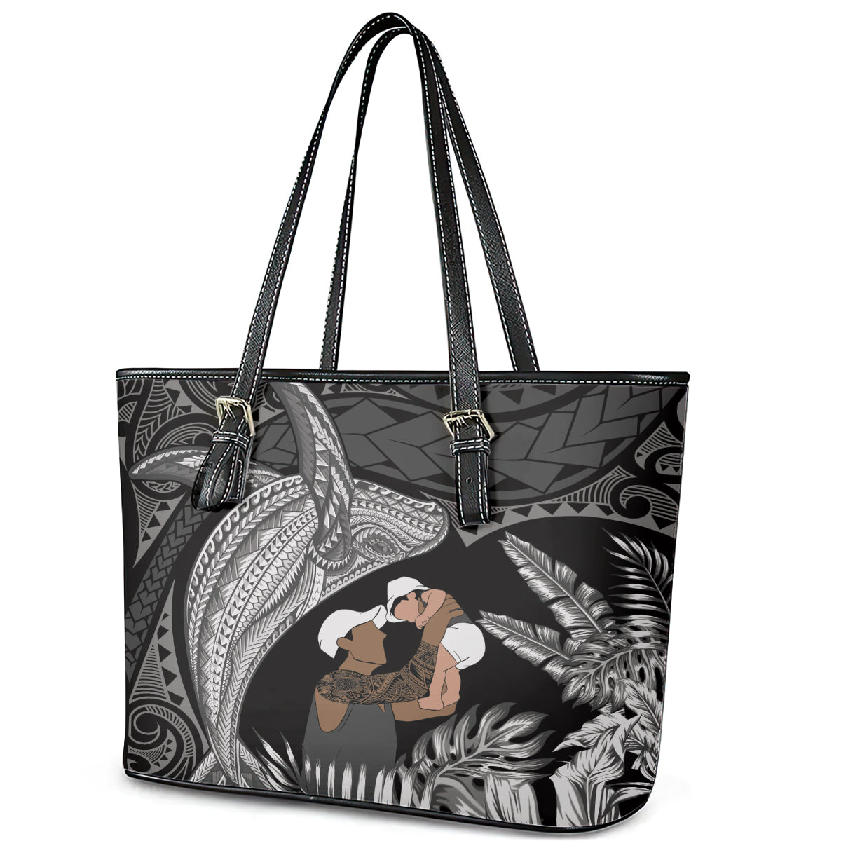 Father's Day Polynesian Pattern Leather Tote Bag Tropical Humpback Whale - Black LT7 - Polynesian Pride