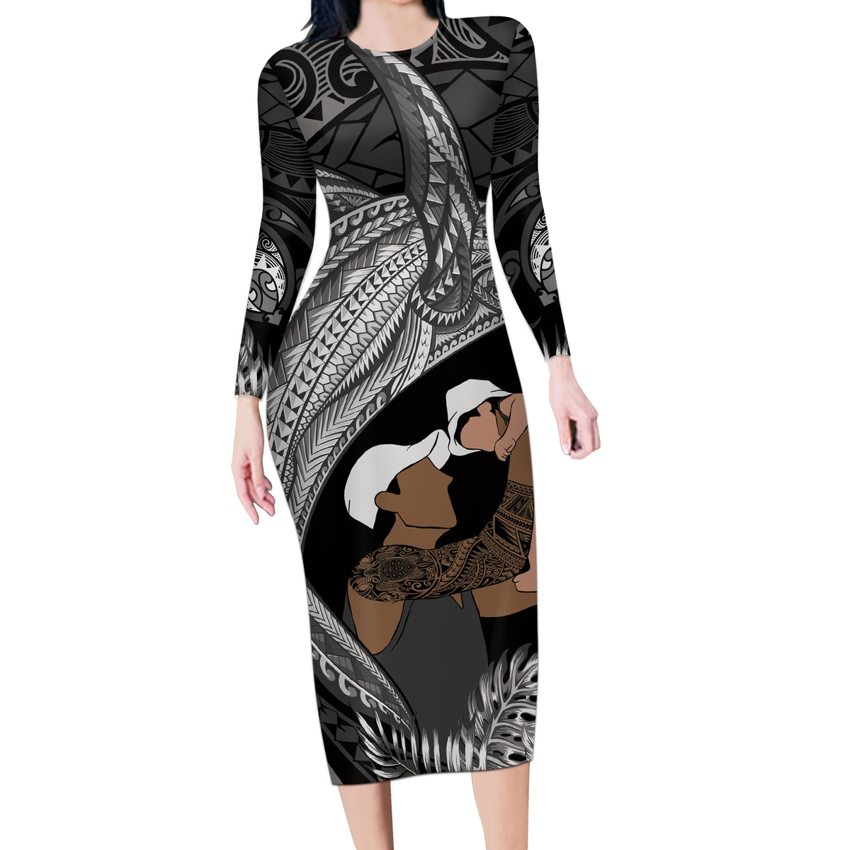 Father's Day Polynesian Pattern Long Sleeve Bodycon Dress Tropical Humpback Whale - Black LT7 Long Dress Black - Polynesian Pride