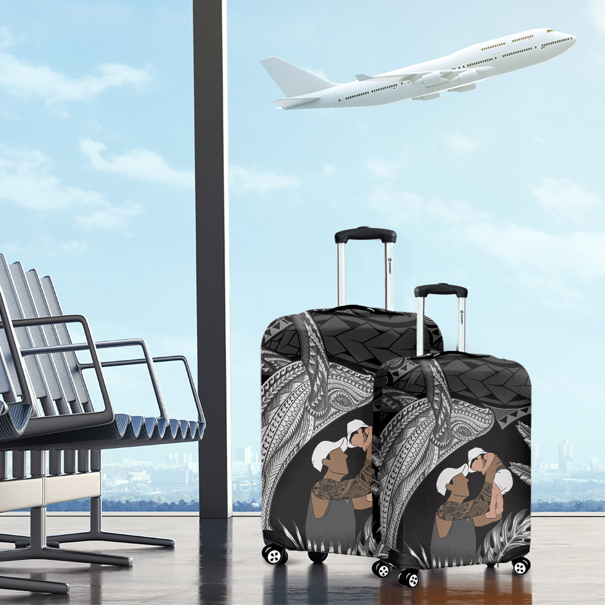 Father's Day Polynesian Pattern Luggage Cover Tropical Humpback Whale - Black