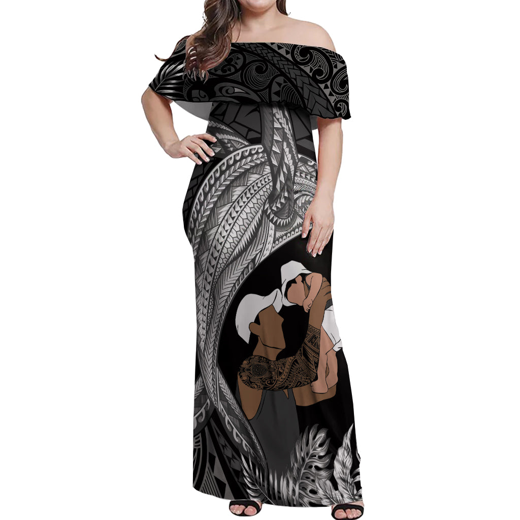 Father's Day Polynesian Pattern Off Shoulder Maxi Dress Tropical Humpback Whale - Black LT7 Women Black - Polynesian Pride