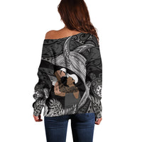 Father's Day Polynesian Pattern Off Shoulder Sweater Tropical Humpback Whale - Black
