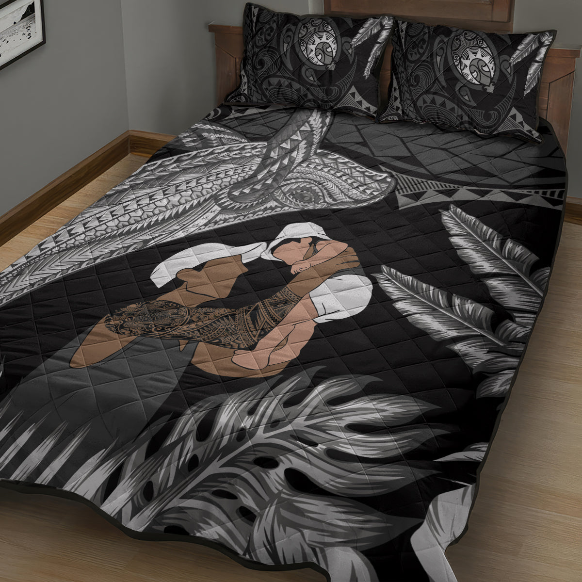 Father's Day Polynesian Pattern Quilt Bed Set Tropical Humpback Whale - Black LT7 - Polynesian Pride