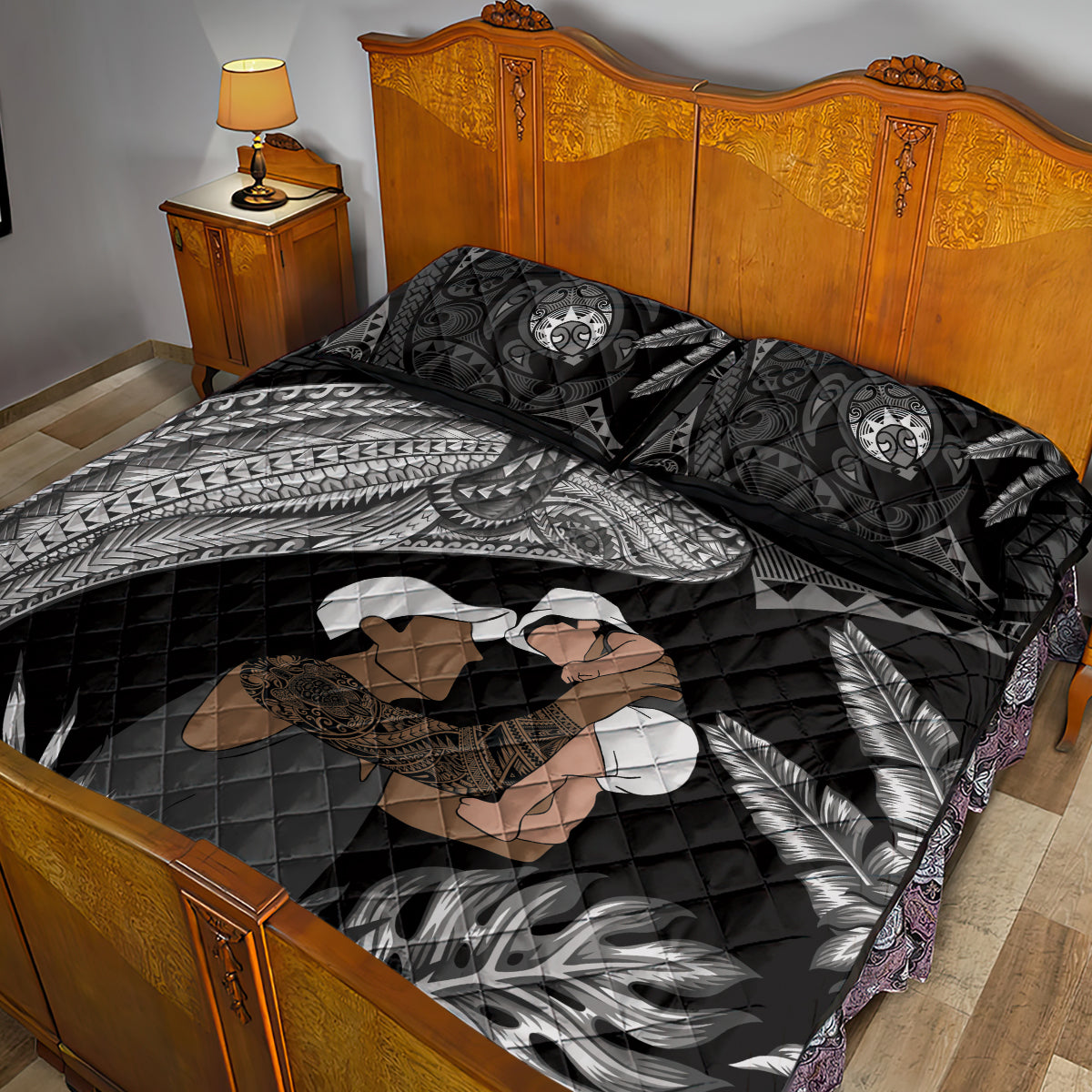 Father's Day Polynesian Pattern Quilt Bed Set Tropical Humpback Whale - Black LT7 - Polynesian Pride