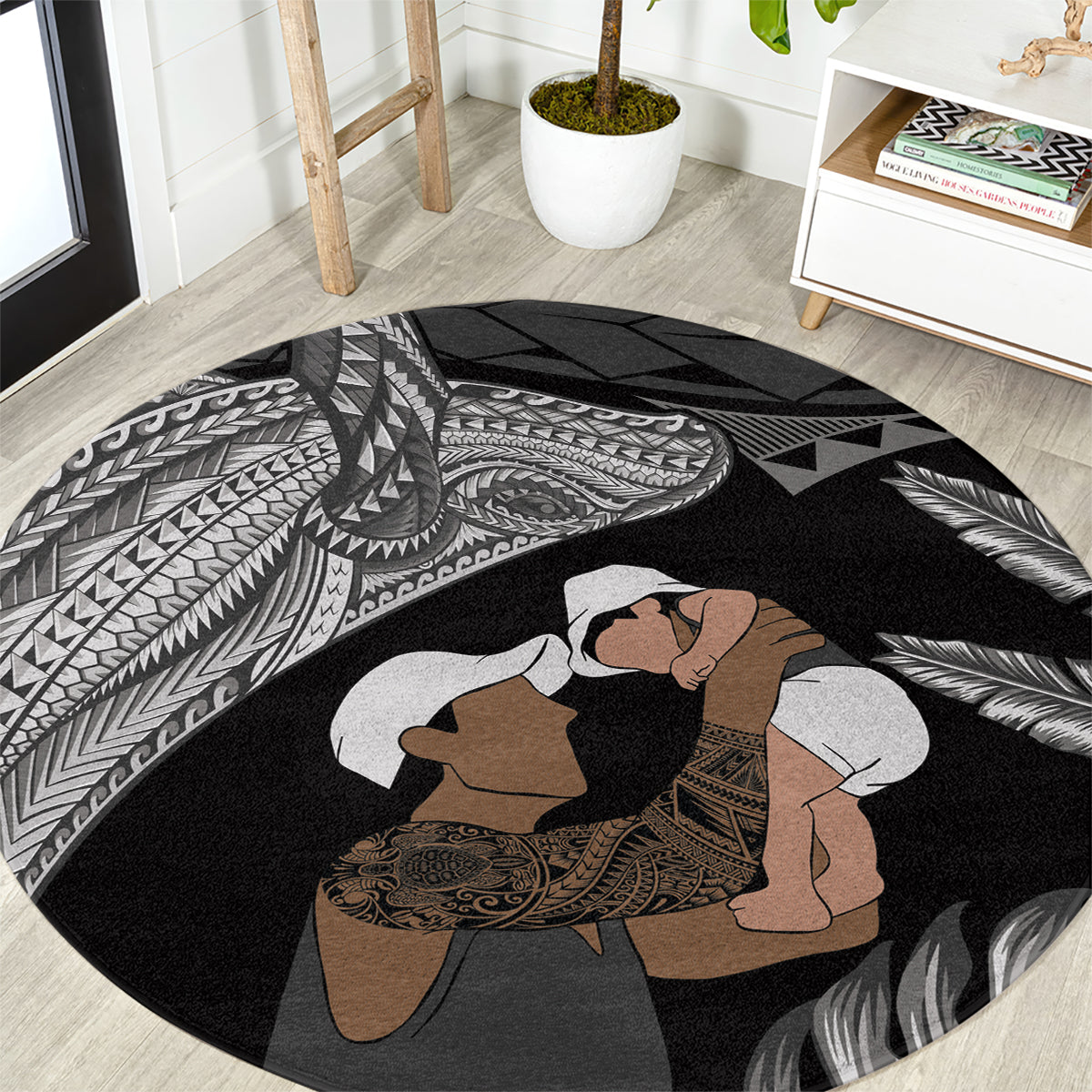 Father's Day Polynesian Pattern Round Carpet Tropical Humpback Whale - Black