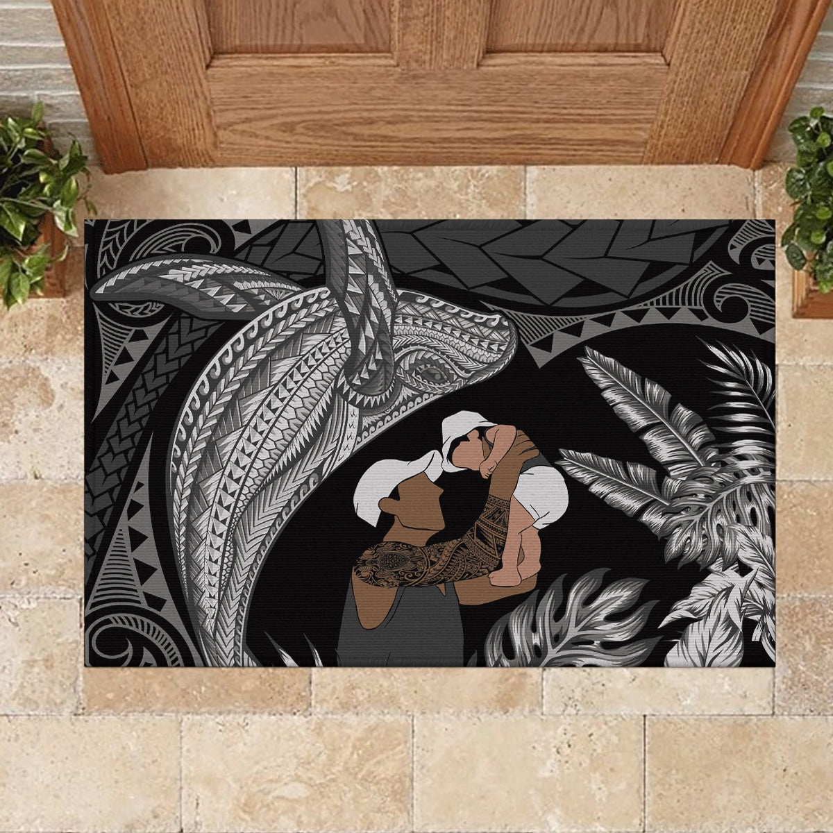 Father's Day Polynesian Pattern Rubber Doormat Tropical Humpback Whale - Black LT7 - Polynesian Pride