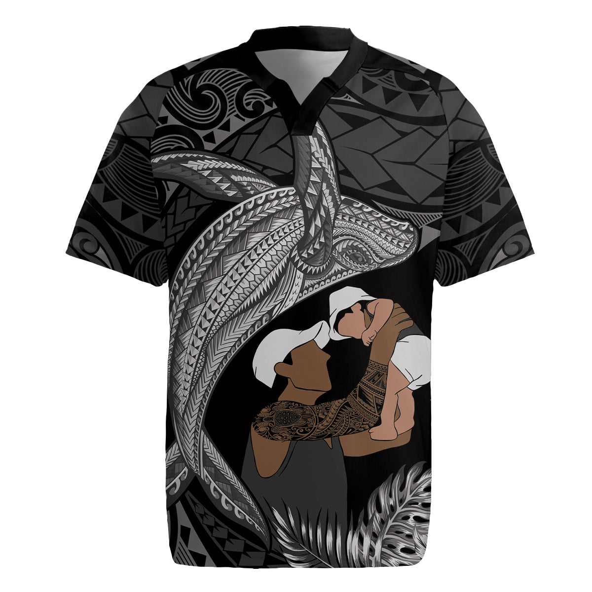 Father's Day Polynesian Pattern Rugby Jersey Tropical Humpback Whale - Black LT7 Black - Polynesian Pride