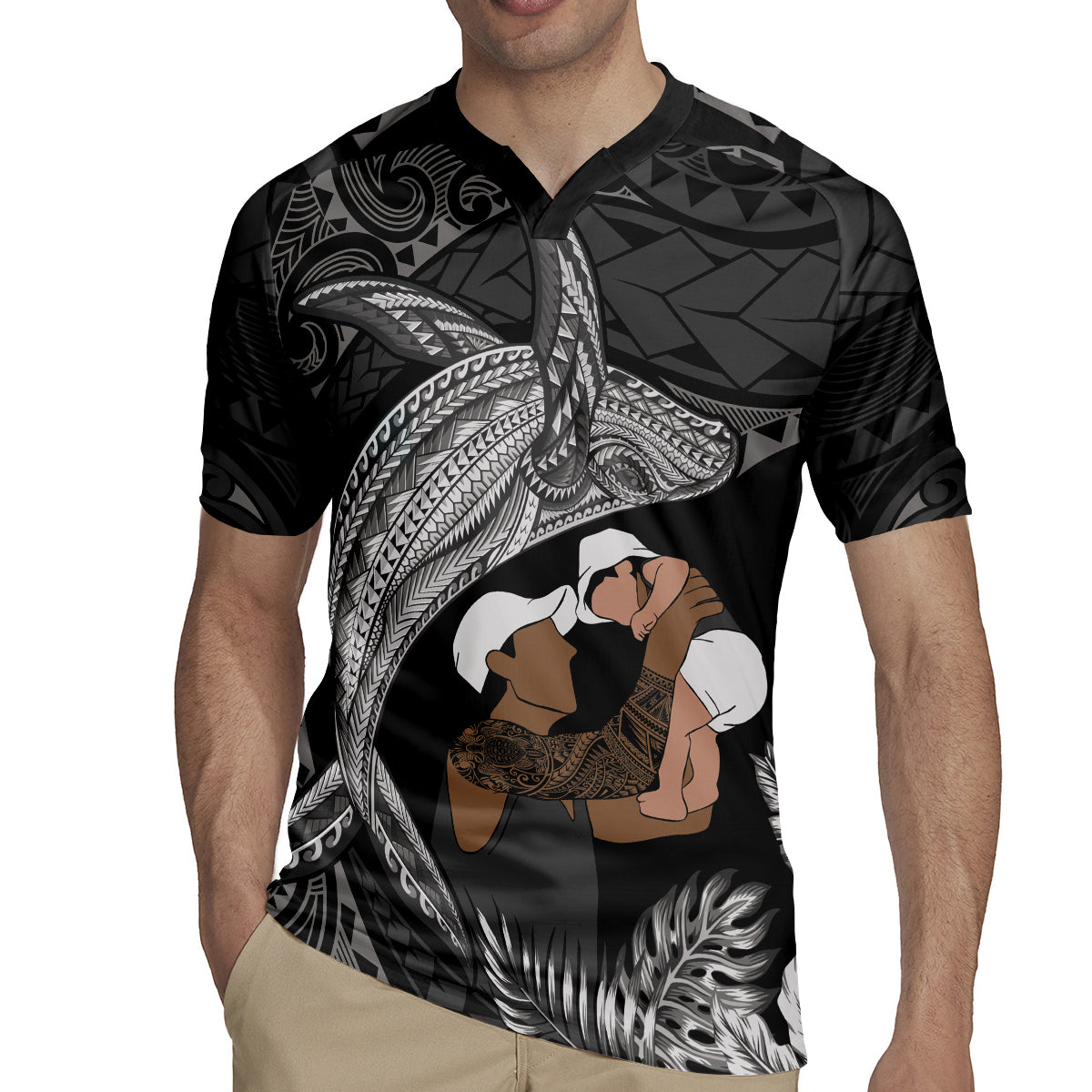 Father's Day Polynesian Pattern Rugby Jersey Tropical Humpback Whale - Black LT7 - Polynesian Pride