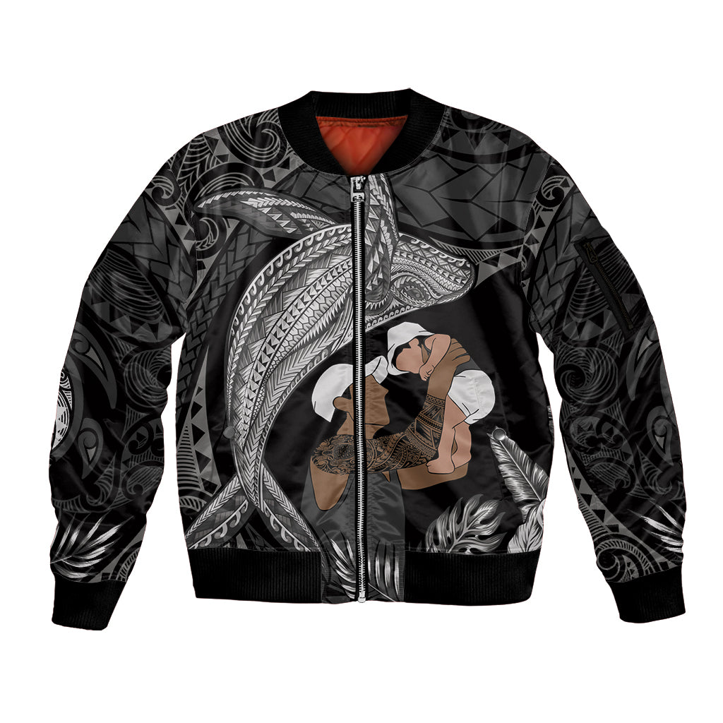 Father's Day Polynesian Pattern Sleeve Zip Bomber Jacket Tropical Humpback Whale - Black LT7 Unisex Black - Polynesian Pride