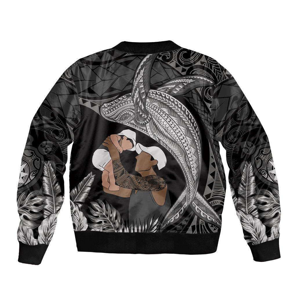 Father's Day Polynesian Pattern Sleeve Zip Bomber Jacket Tropical Humpback Whale - Black LT7 - Polynesian Pride