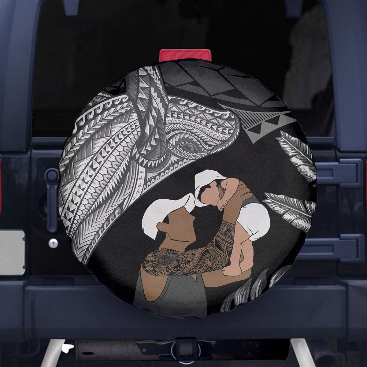 Father's Day Polynesian Pattern Spare Tire Cover Tropical Humpback Whale - Black LT7 - Polynesian Pride