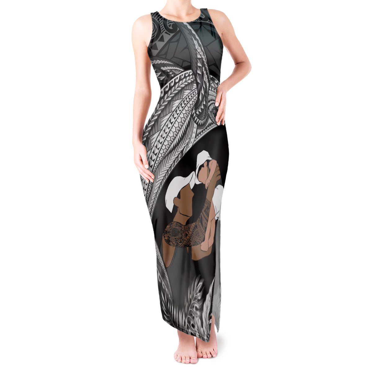 Father's Day Polynesian Pattern Tank Maxi Dress Tropical Humpback Whale - Black