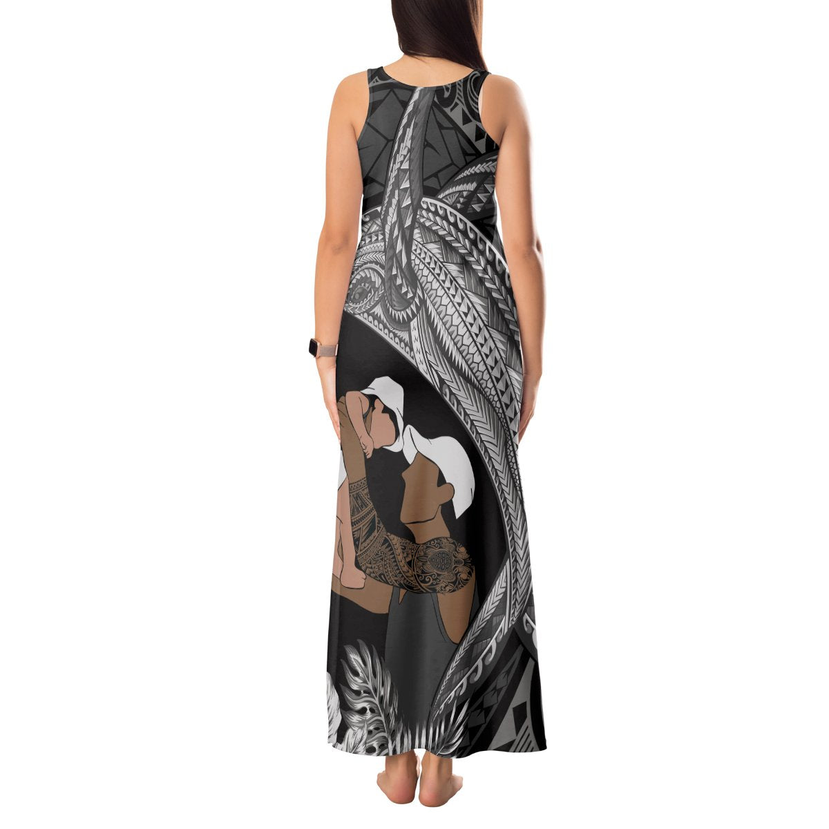 Father's Day Polynesian Pattern Tank Maxi Dress Tropical Humpback Whale - Black LT7 - Polynesian Pride