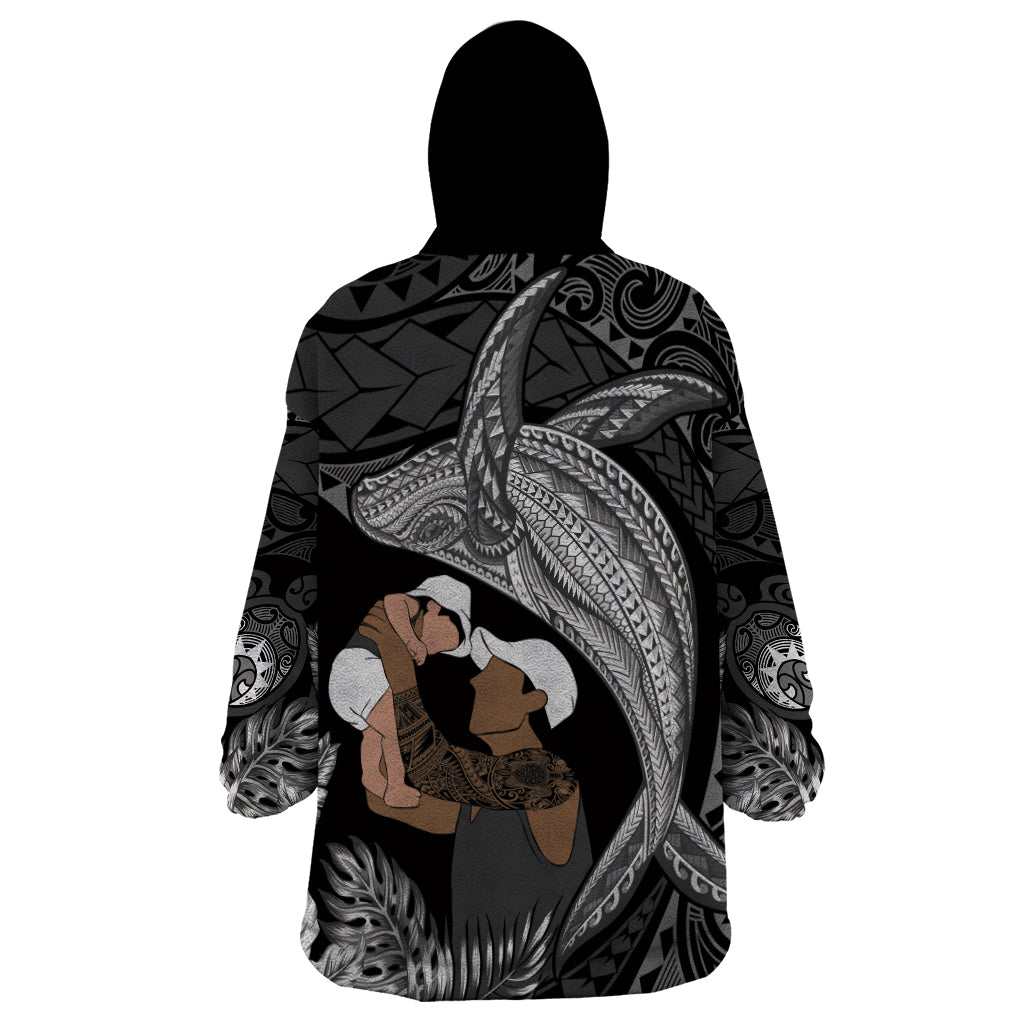 Father's Day Polynesian Pattern Wearable Blanket Hoodie Tropical Humpback Whale - Black LT7 - Polynesian Pride