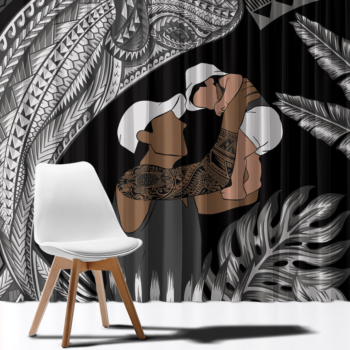 Father's Day Polynesian Pattern Window Curtain Tropical Humpback Whale - Black LT7 - Polynesian Pride