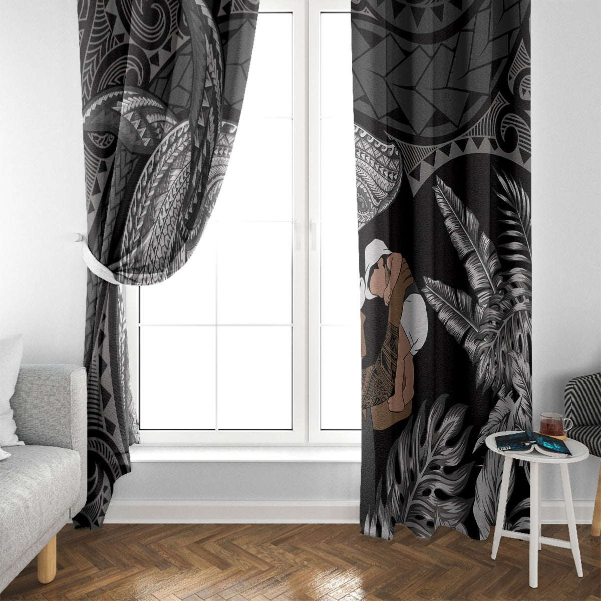 Father's Day Polynesian Pattern Window Curtain Tropical Humpback Whale - Black LT7 - Polynesian Pride