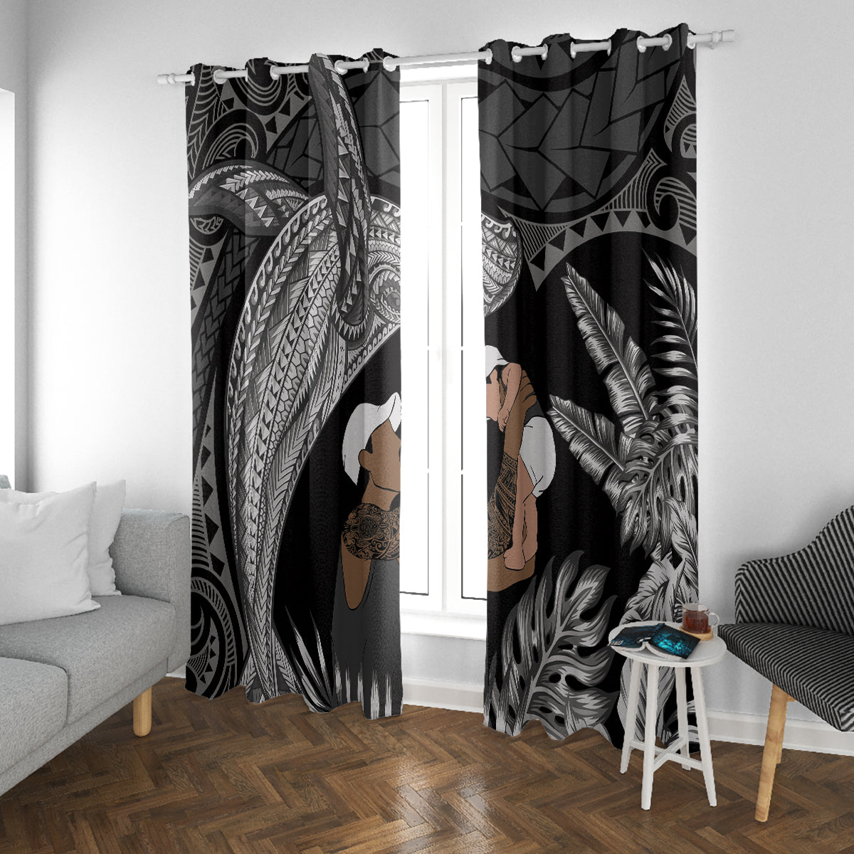 Father's Day Polynesian Pattern Window Curtain Tropical Humpback Whale - Black LT7 With Grommets Black - Polynesian Pride