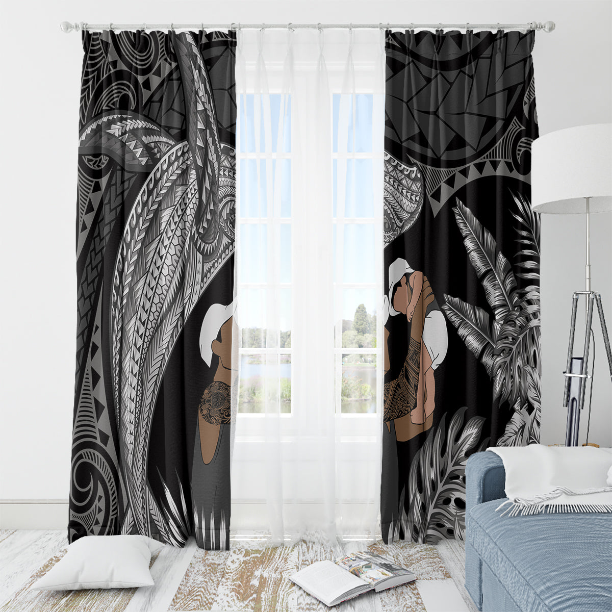 Father's Day Polynesian Pattern Window Curtain Tropical Humpback Whale - Black LT7 - Polynesian Pride