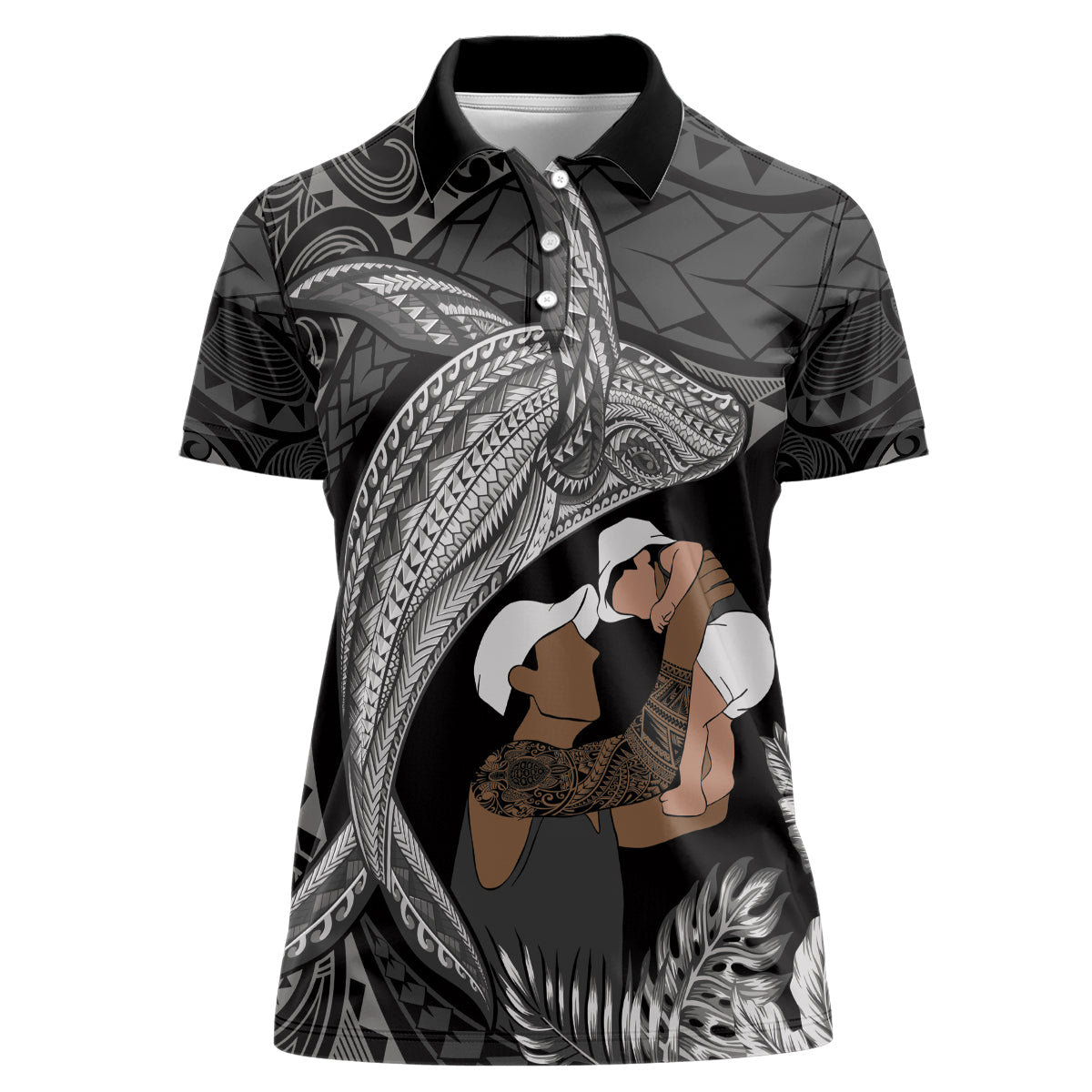 Father's Day Polynesian Pattern Women Polo Shirt Tropical Humpback Whale - Black