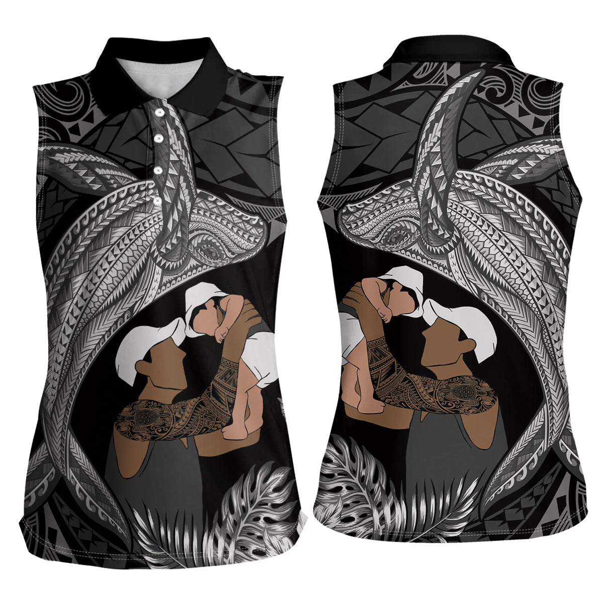 Father's Day Polynesian Pattern Women Sleeveless Polo Shirt Tropical Humpback Whale - Black