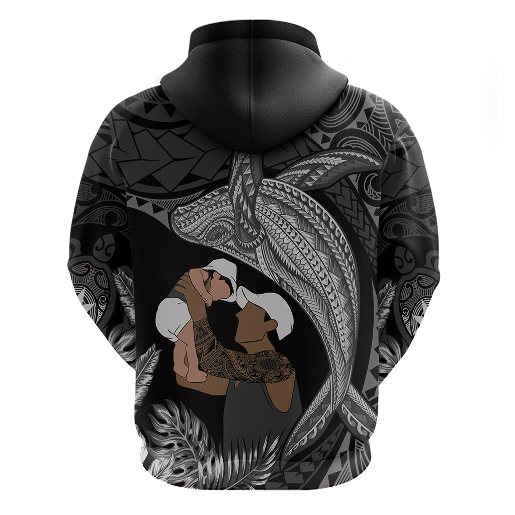 Father's Day Polynesian Pattern Zip Hoodie Tropical Humpback Whale - Black
