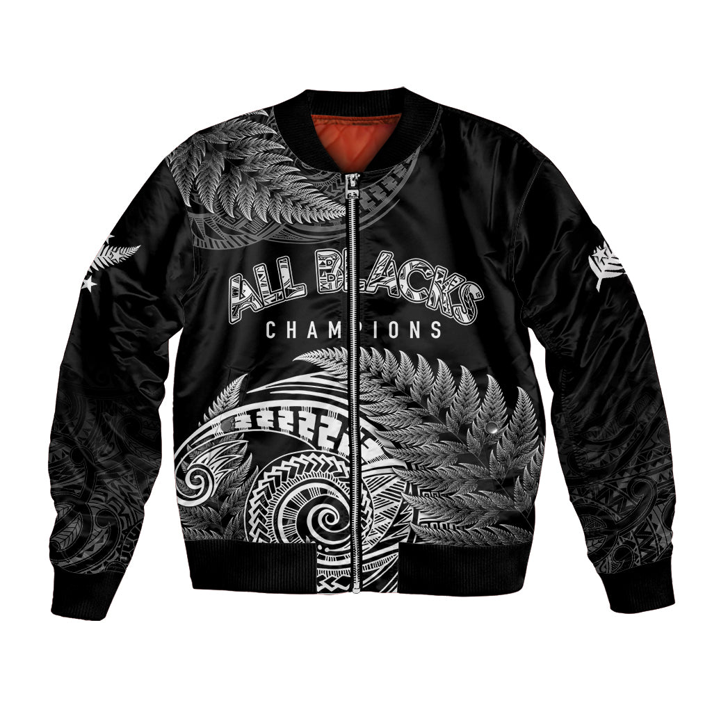 New Zealand Rugby 2023 Bomber Jacket Aotearoa Silver Ferns Champions LT7 Unisex Black - Polynesian Pride