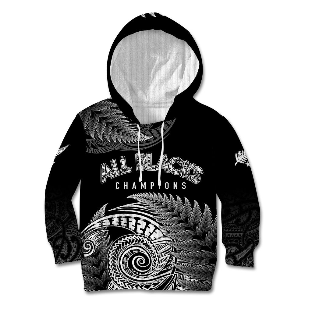 New Zealand Rugby 2023 Kid Hoodie Aotearoa Silver Ferns Champions LT7 Hoodie Black - Polynesian Pride