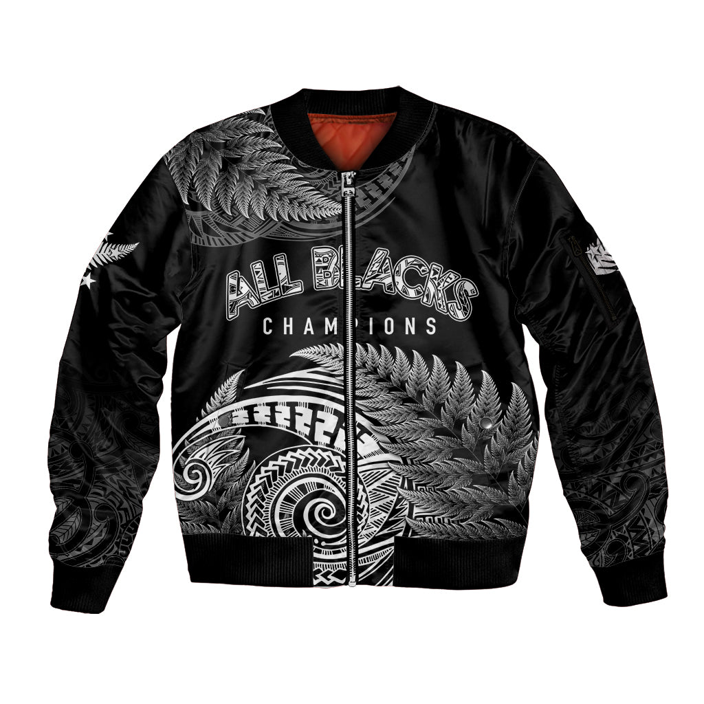 New Zealand Rugby 2023 Sleeve Zip Bomber Jacket Aotearoa Silver Ferns Champions LT7 Unisex Black - Polynesian Pride