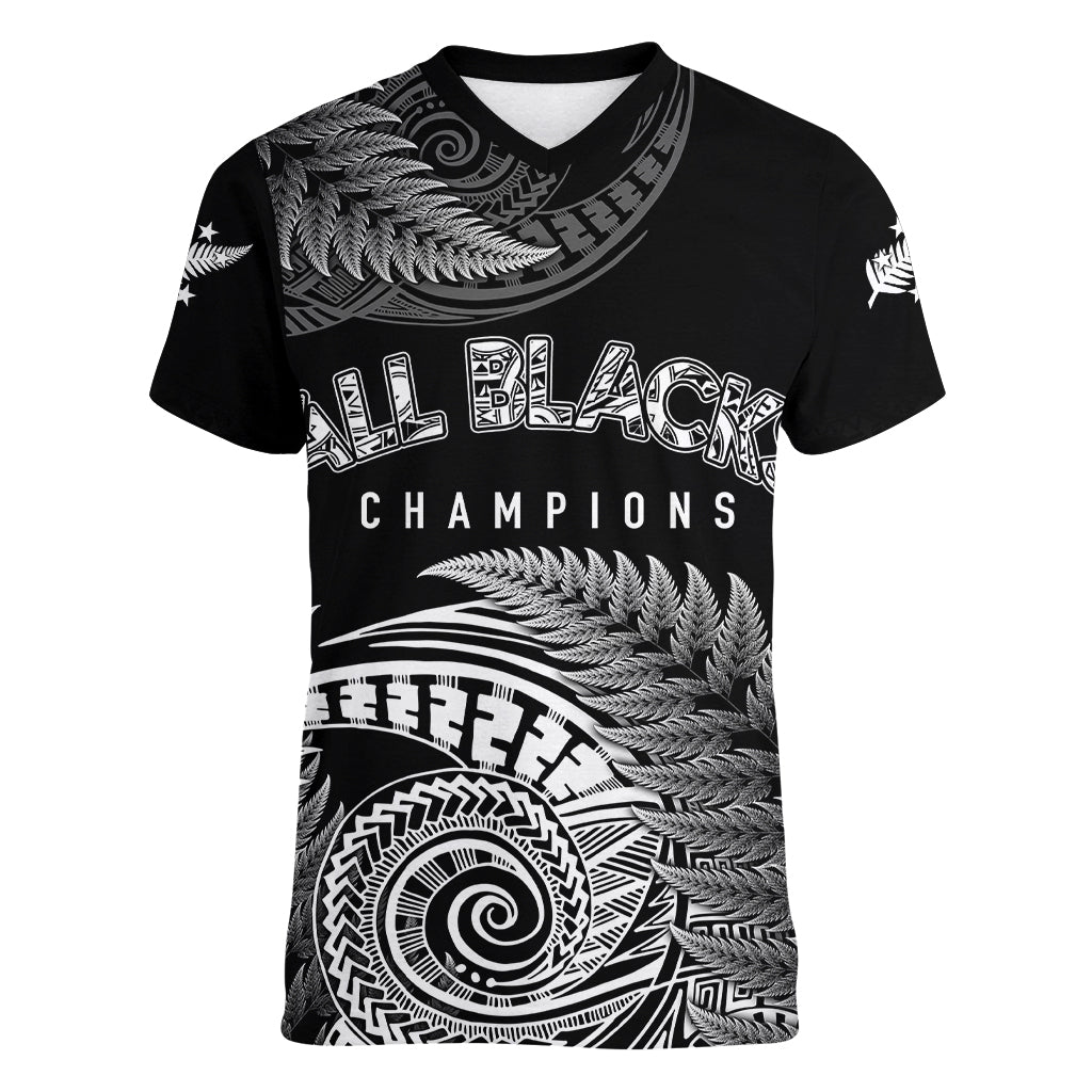 New Zealand Rugby 2023 Women V Neck T Shirt Aotearoa Silver Ferns Champions LT7 Female Black - Polynesian Pride