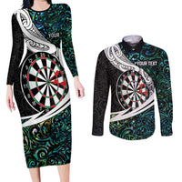 Personalized NZ Darts Couples Matching Long Sleeve Bodycon Dress and Long Sleeve Button Shirt Paua Shell Maori Koru Whakairo LT7 Colorful - Polynesian Pride