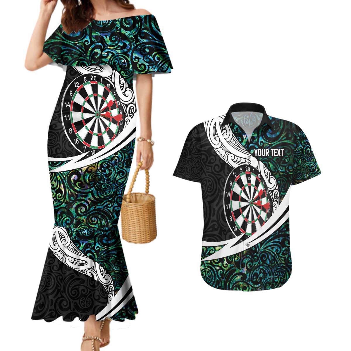 Personalized NZ Darts Couples Matching Mermaid Dress and Hawaiian Shirt Paua Shell Maori Koru Whakairo LT7 Colorful - Polynesian Pride