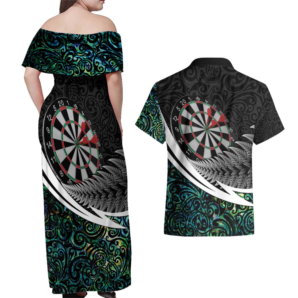 Personalized NZ Darts Couples Matching Off Shoulder Maxi Dress and Hawaiian Shirt Paua Shell Maori Koru Whakairo LT7 - Polynesian Pride