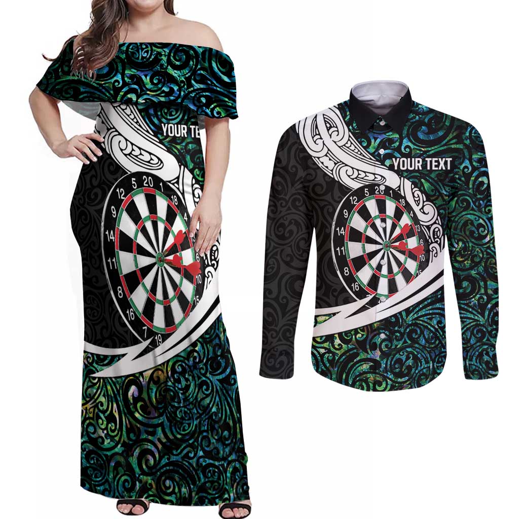 Personalized NZ Darts Couples Matching Off Shoulder Maxi Dress and Long Sleeve Button Shirt Paua Shell Maori Koru Whakairo LT7 Colorful - Polynesian Pride