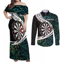 Personalized NZ Darts Couples Matching Off Shoulder Maxi Dress and Long Sleeve Button Shirt Paua Shell Maori Koru Whakairo LT7 Colorful - Polynesian Pride
