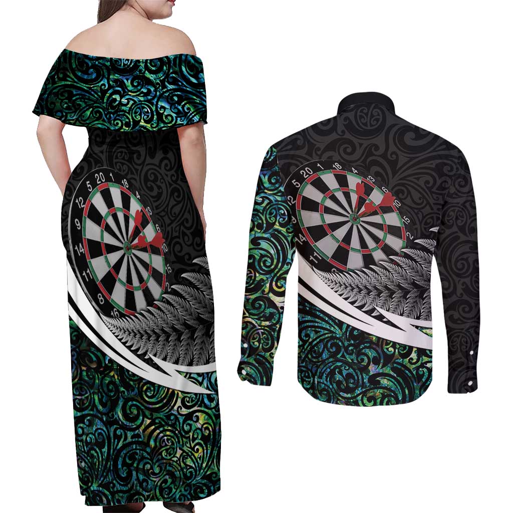 Personalized NZ Darts Couples Matching Off Shoulder Maxi Dress and Long Sleeve Button Shirt Paua Shell Maori Koru Whakairo LT7 - Polynesian Pride