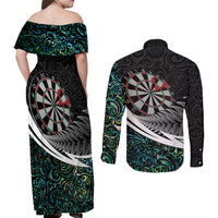 Personalized NZ Darts Couples Matching Off Shoulder Maxi Dress and Long Sleeve Button Shirt Paua Shell Maori Koru Whakairo LT7 - Polynesian Pride