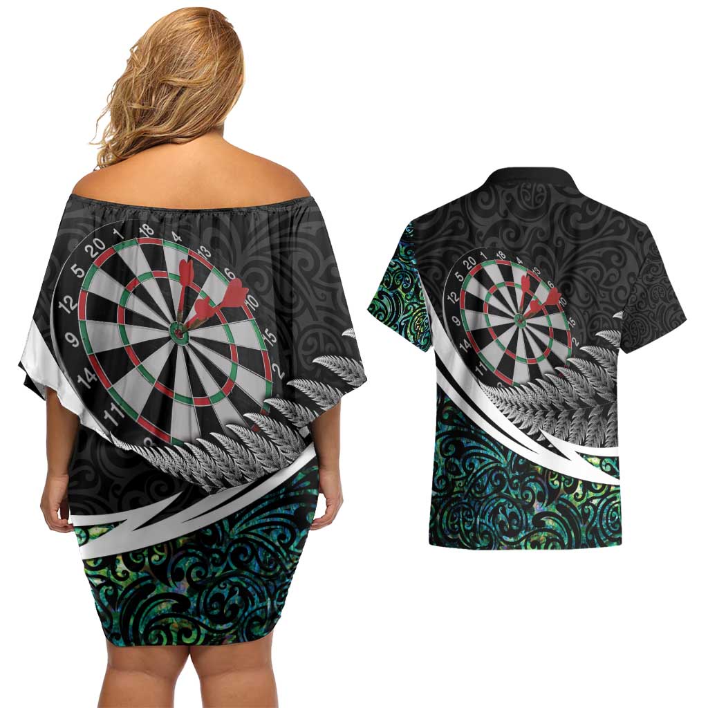 Personalized NZ Darts Couples Matching Off Shoulder Short Dress and Hawaiian Shirt Paua Shell Maori Koru Whakairo - Polynesian Pride