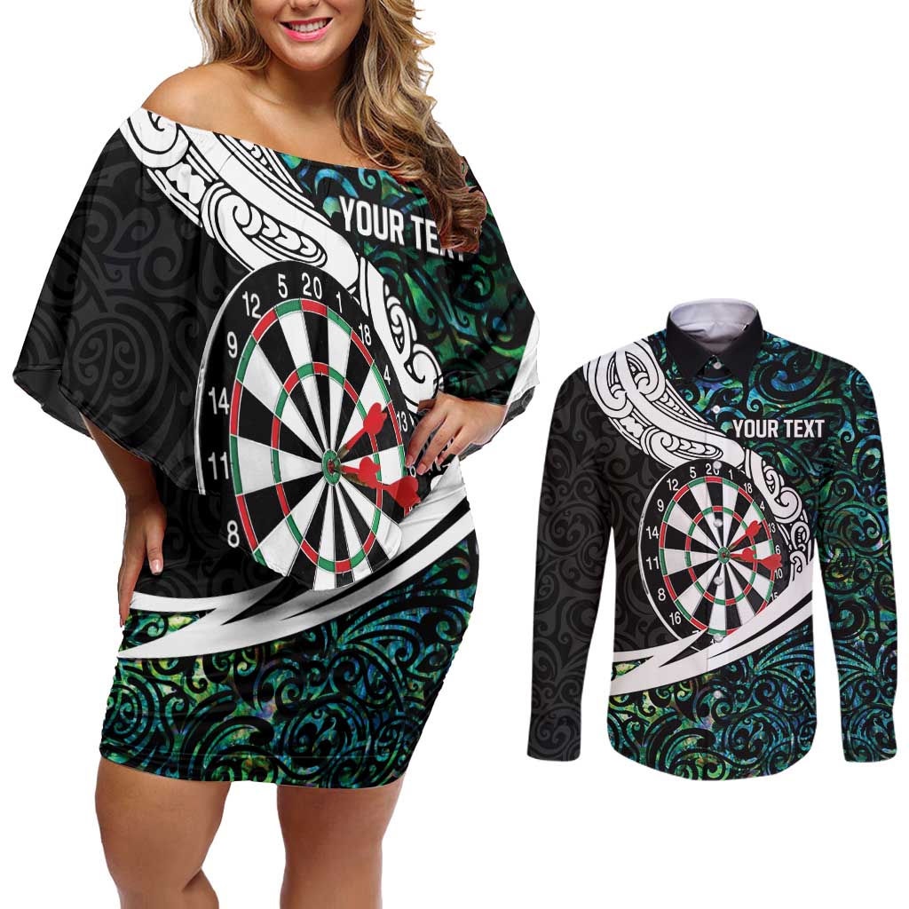 Personalized NZ Darts Couples Matching Off Shoulder Short Dress and Long Sleeve Button Shirt Paua Shell Maori Koru Whakairo LT7 Colorful - Polynesian Pride