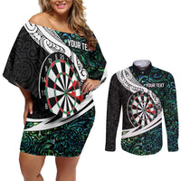 Personalized NZ Darts Couples Matching Off Shoulder Short Dress and Long Sleeve Button Shirt Paua Shell Maori Koru Whakairo LT7 Colorful - Polynesian Pride