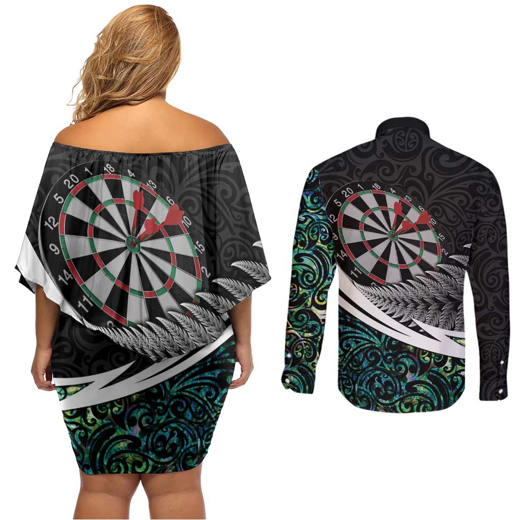 Personalized NZ Darts Couples Matching Off Shoulder Short Dress and Long Sleeve Button Shirt Paua Shell Maori Koru Whakairo LT7 - Polynesian Pride