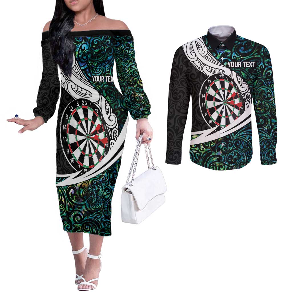 Personalized NZ Darts Couples Matching Off The Shoulder Long Sleeve Dress and Long Sleeve Button Shirt Paua Shell Maori Koru Whakairo LT7 Colorful - Polynesian Pride