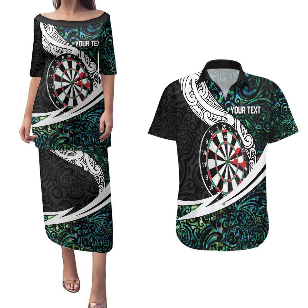 Personalized NZ Darts Couples Matching Puletasi and Hawaiian Shirt Paua Shell Maori Koru Whakairo LT7 Colorful - Polynesian Pride