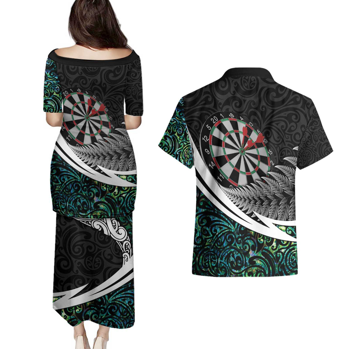 Personalized NZ Darts Couples Matching Puletasi and Hawaiian Shirt Paua Shell Maori Koru Whakairo LT7 - Polynesian Pride