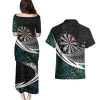 Personalized NZ Darts Couples Matching Puletasi and Hawaiian Shirt Paua Shell Maori Koru Whakairo LT7 - Polynesian Pride