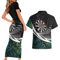 Personalized NZ Darts Couples Matching Short Sleeve Bodycon Dress and Hawaiian Shirt Paua Shell Maori Koru Whakairo LT7 - Polynesian Pride