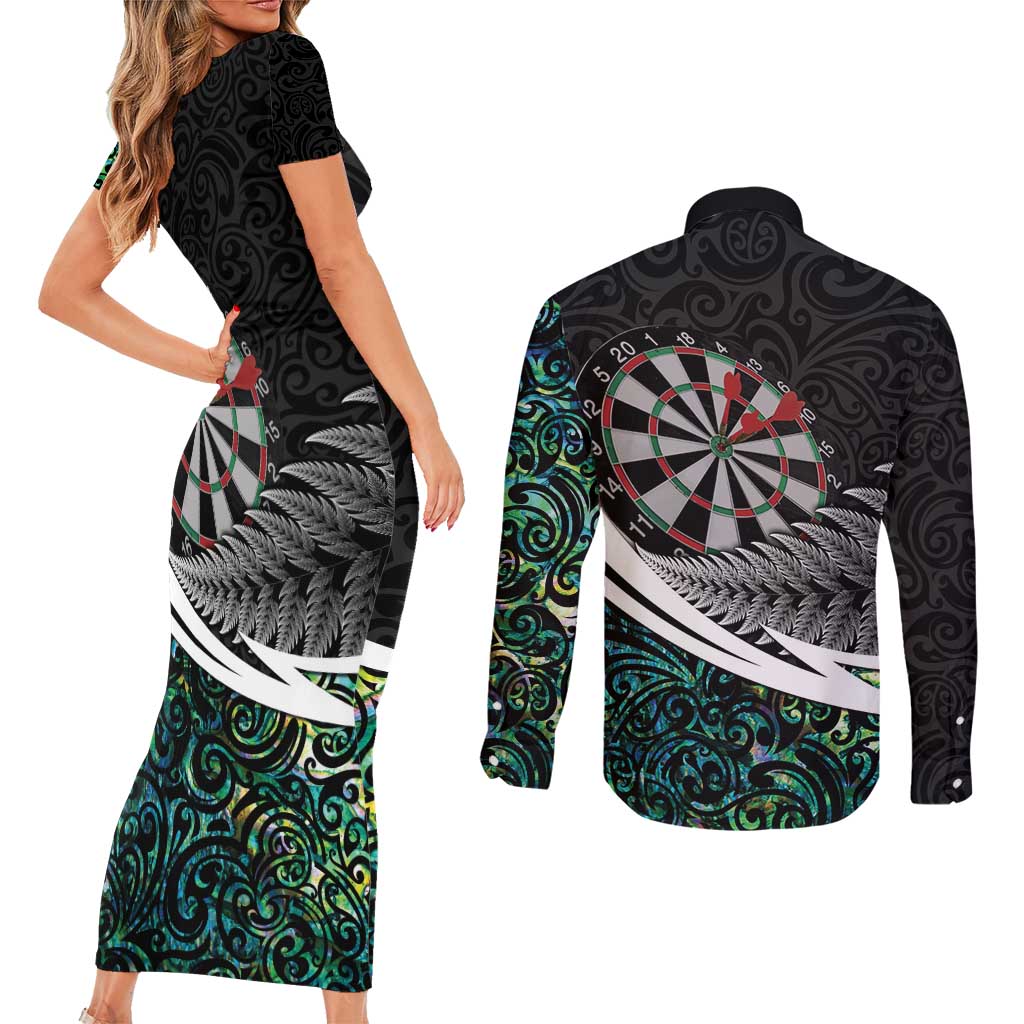 Personalized NZ Darts Couples Matching Short Sleeve Bodycon Dress and Long Sleeve Button Shirt Paua Shell Maori Koru Whakairo LT7 - Polynesian Pride