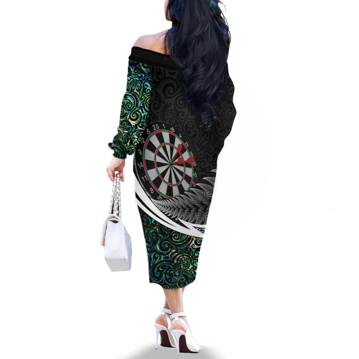 Personalized NZ Darts Family Matching Off The Shoulder Long Sleeve Dress and Hawaiian Shirt Paua Shell Maori Koru Whakairo - Polynesian Pride